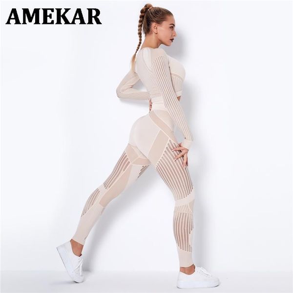 

women's two piece pants hollow out seamless yoga set sport outfits women black 2 crop bra leggings workout gym suit fitness sets, White