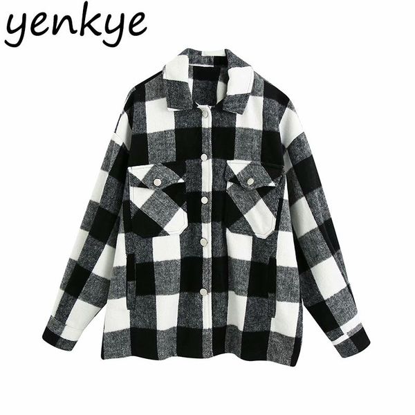 

women's wool & blends vintage black white plaid woolen coat women long sleeve lapel collar pockets autumn jacket overshirts plus size o