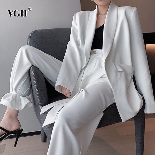 

women's two piece pants vgh white elegant set for women notched long sleeve lace up blazer high waist drawstring bottom female 2021