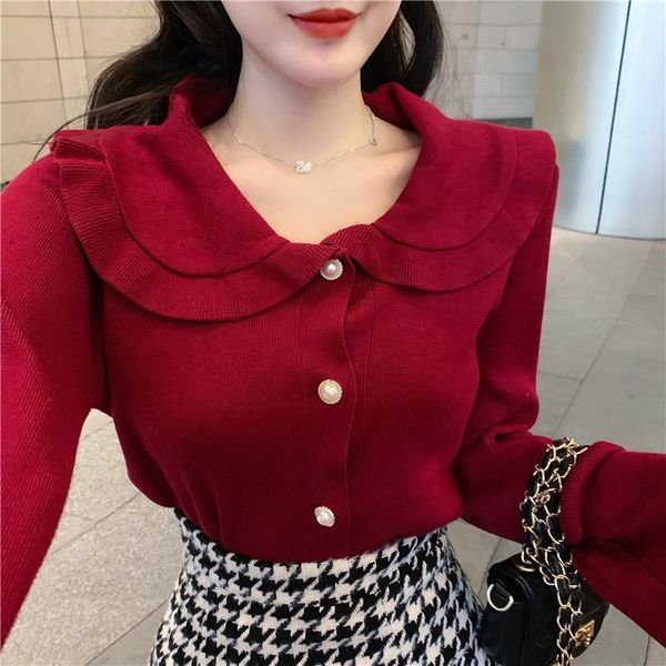 

women's t-shirt fashion korean chic ruffles flare sleeve red knitted wild single breasted t shirts women retro bottom clothes, White