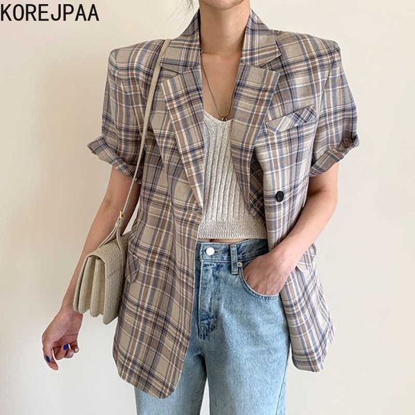

korejpaa women jacket summer korean chic retro british style pattern lapel one button loose casual short-sleeved blazers 210526, White;black
