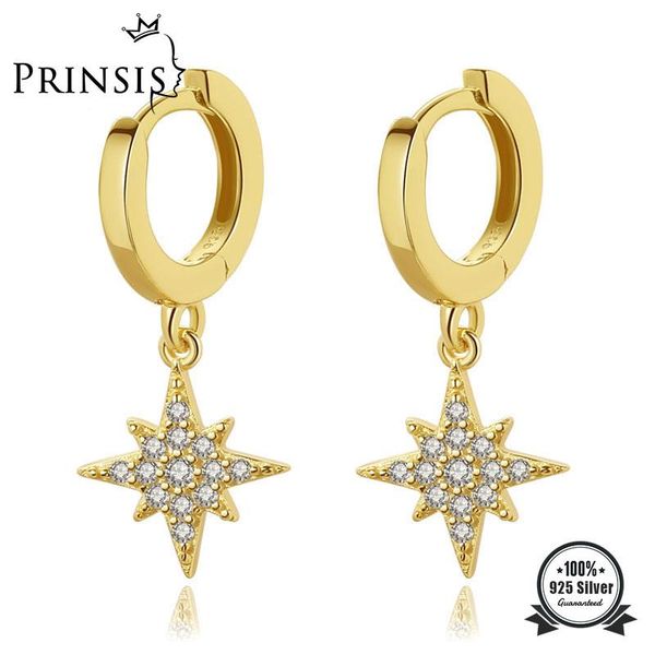 

hoop & huggie prinsis real 925 sterling silver fashion sweet star dazzling cz charm earring for women wedding party s925 jewelry h004, Golden;silver