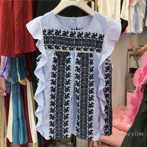 

women's blouses & shirts stripe blouse women sleeveless female 2021 summer temperament machine embroidery slim round neck blusas mujer, White