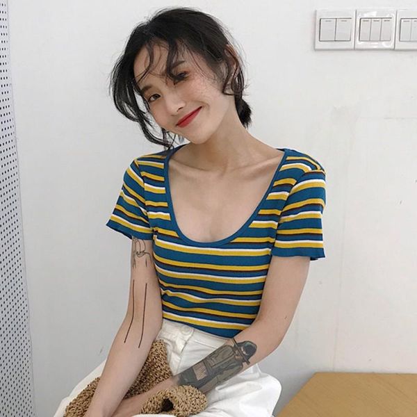 

summer striped tshirt short sleeve korean style knitted casual slim fit sweet tee shirt femme, White