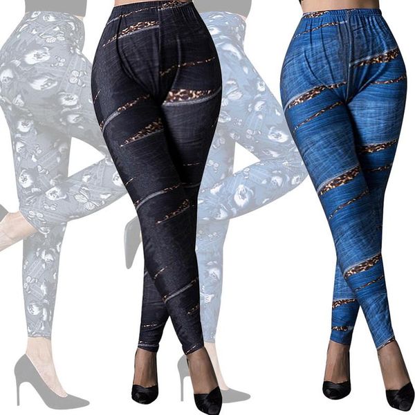 

women's leggings 2021 women gym faux denim jeans pocket printing casual high waist pencil pants plus, Black