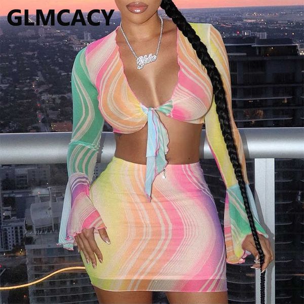 

two piece sets women long sleeve printed & bodycon skirts 210702, White