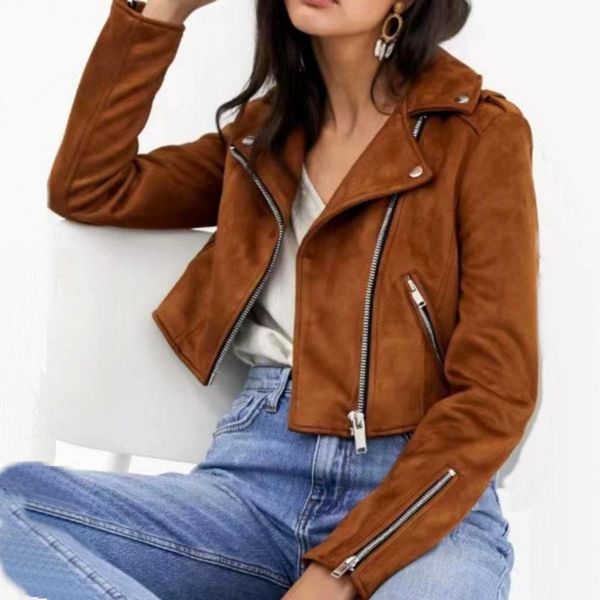 

women's leather & faux 2021 spring autumn women short soft suede jackets lady slim fit coffee motor zipper punk matte coats outerwear, Black