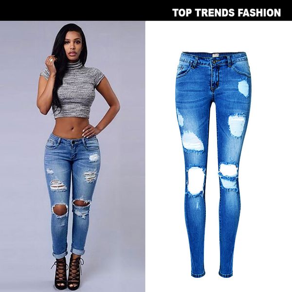 

women's low waist slim fit elastic denim leggings irregular holes washed cat beard large, Blue