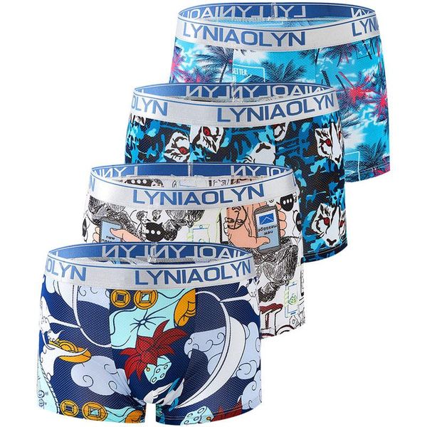 

underpants 4pcs men ice silk mesh underwear breathable boxer shorts man cartoon fancy scrotum transparent panties calzoncillos hombre, Black;white