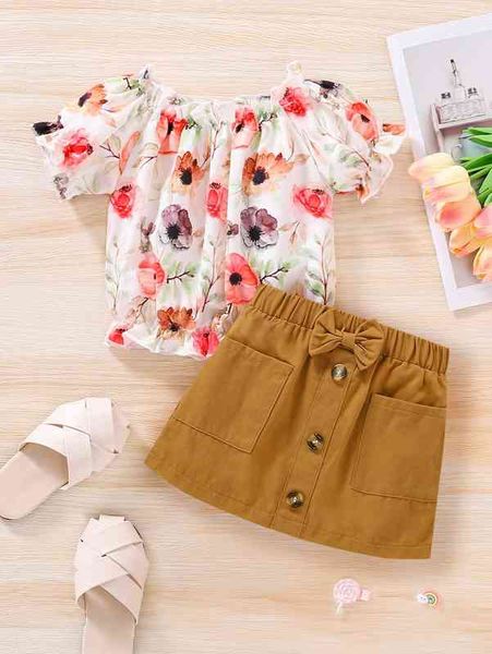 

baby floral print puff sleeve & bow front skirt she, White