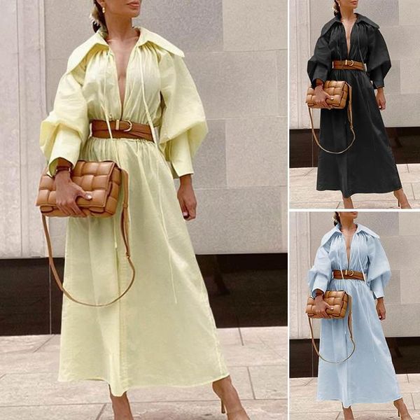 

casual dresses bohemian dress women autumn lantern sleeve lapel maxi vestidos party beach robe high waist bandage holiday sexy, Black;gray