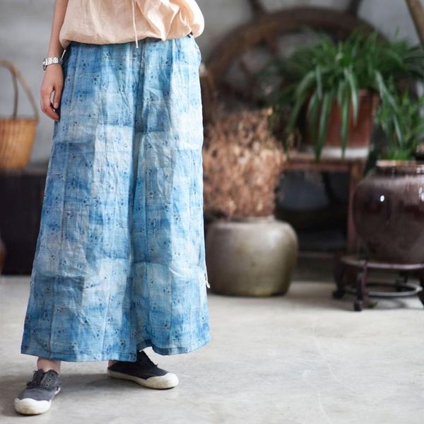 

women's pants & capris women ramie wide leg print floral trouser 2021 summer blue loose pockets casual, Black;white