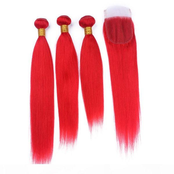 

pure red brazilian human hair wefts with closure 3bundles red colored silky straight hair weaves with 4x4 front lace closure 4pcs lot, Black