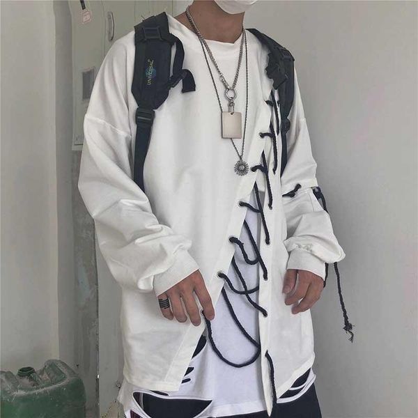 

women's t-shirt 2021 dark wind ins super fire high street hip hop personality diy tied bandwidth loose long sleeve men & lady tee, White