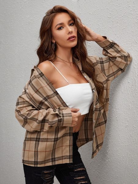 

plaid button through pocket front blouse f4ba#, White