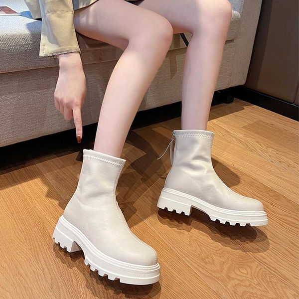 

boots 2021 ladies zipper pu leather solid color thick bottom motorcycle booties round toe simple fringe ankle shoes, Black