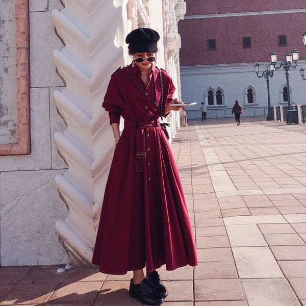 

new autumn 2021 turn down long sleeve casual maxi with belt trench style women vestidos uhog, Tan;black