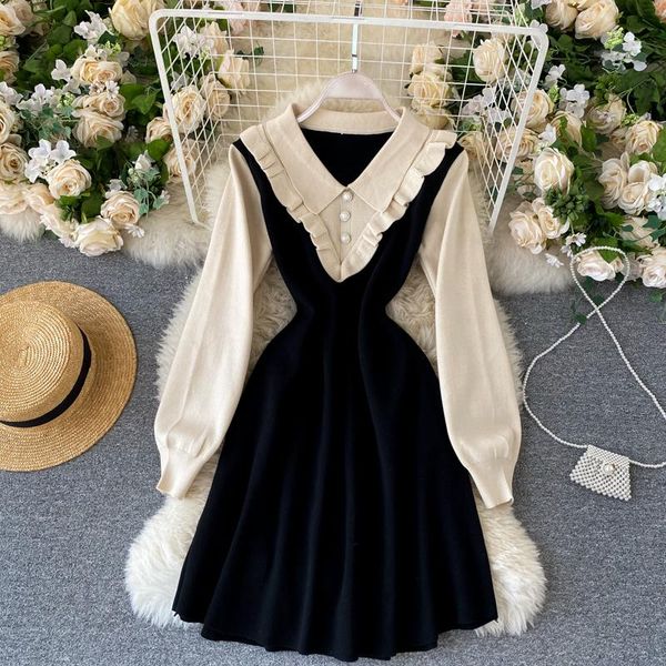 

casual dresses knitted sweater dress women's autumn winter fashion sweet color matching lapel slim short a-line vestidos q147, Black;gray