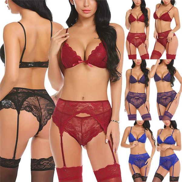 

bras sets 3pcs womens lingerie set lace floral babydoll g-string thong underwear nightwear, Red;black