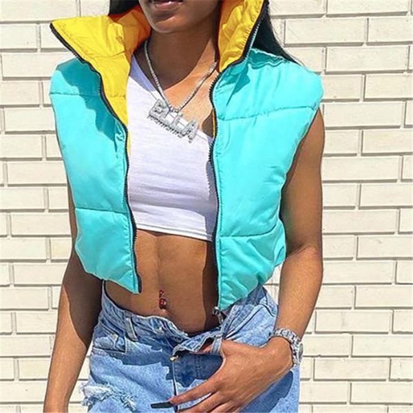 

women's vests 2021 women winter autumn stand collar zip up down vest sleeveless contrast color casual ultra light warm puffer jacket wa, Black;white