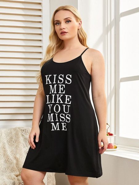 

plus slogan graphic cami sleep dress h3li#, Black;white