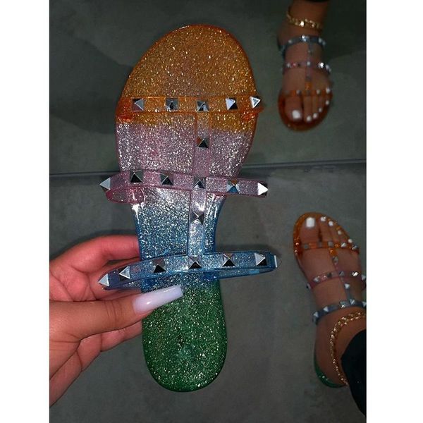 

new women's summer sandals fashion mixed colors handmade rivet slides flat heel platform bling female's slippers plus size 34-43, Black