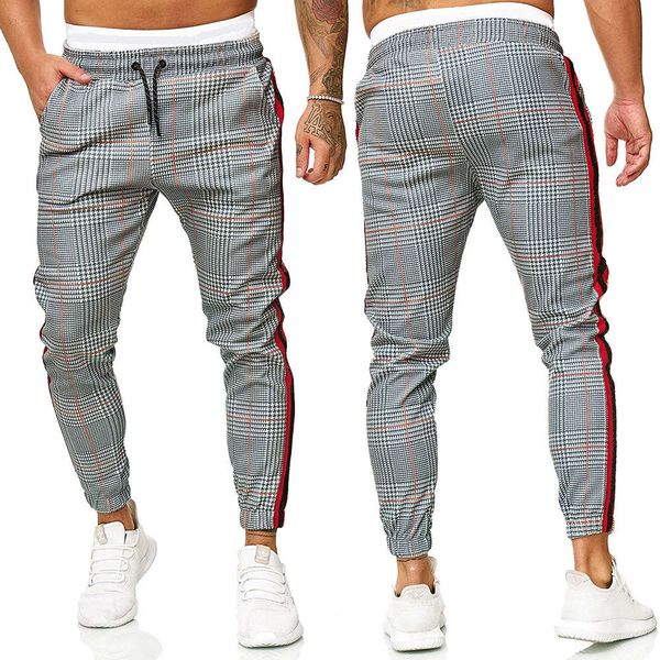 

casual autumn and winter 2020 new european size men's fashion ribbon plaid printed tether sports pants leggings, Black