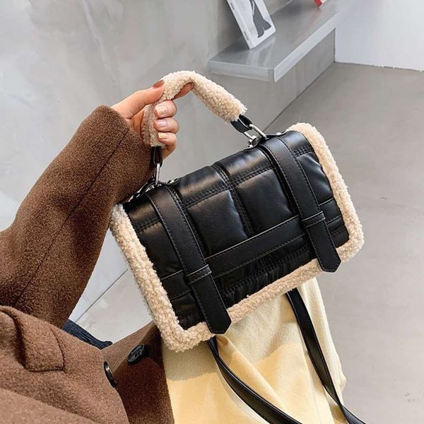 

lamb hair bag autumn and winter women's flip one shoulder msenger bag black pu portable small square