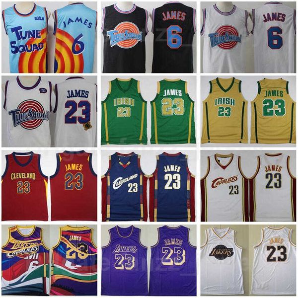 

vintage lebron james basketball jersey 6 23 men retro st. vincent mary high school irish tune squad mpls looney tunes stitched team color, Black;red