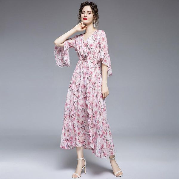 

party dresses summer floral dress women flare half sleeve v-neck bandage slim printing ruffles midi maxi pink elegant fashion chiffon, White;black