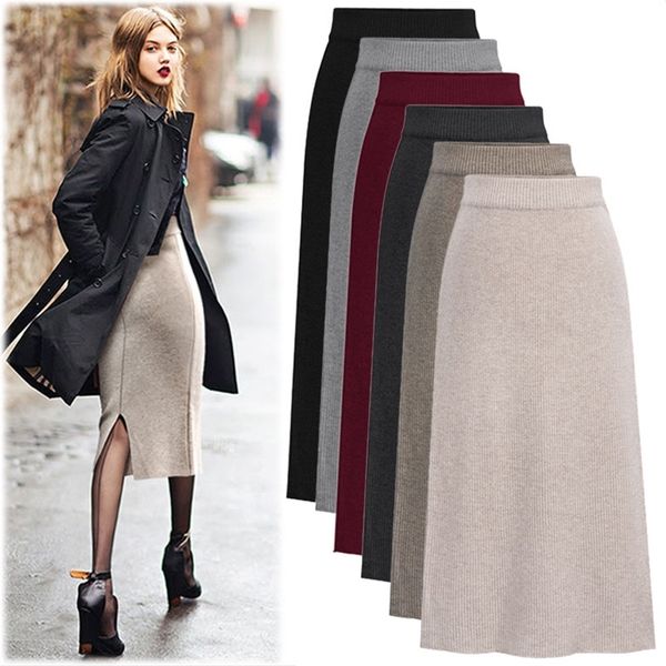 

knit skirts womens long skirt large size autumn and winter skirt high waist maxi skirt 210311, Black