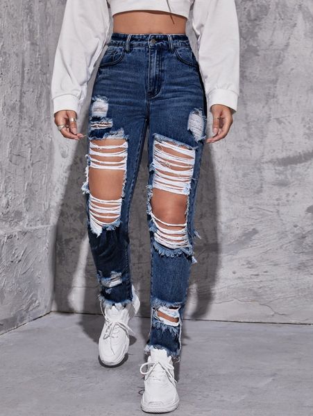 

high waisted ripped raw hem jeans t867#, Blue