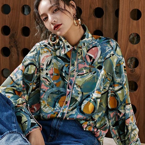 

deat] women printed contrast color split blouse new lapel long sleeve loose fit shirt fashion spring summer 2021 13r709, White