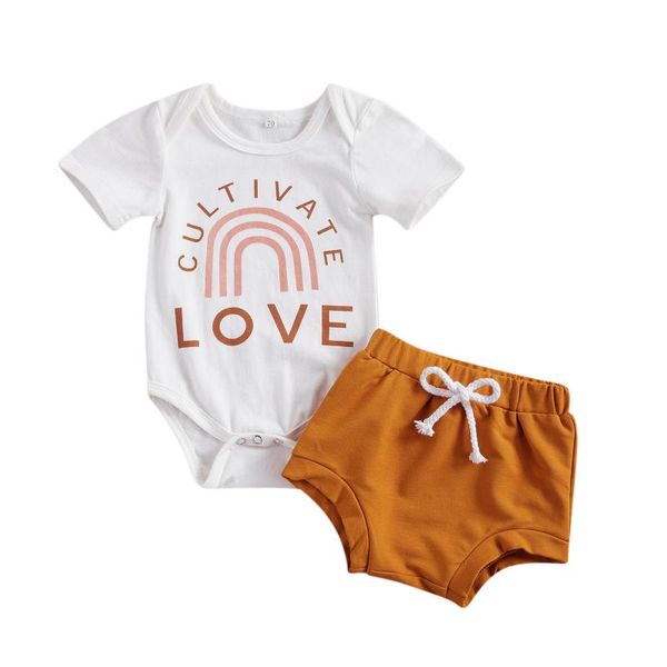 Kleidungssets für geborene Kleinkinder, Mädchen, Strampler, Valentinstags-Outfits, Liebesdruck, kurz, weiß-orange