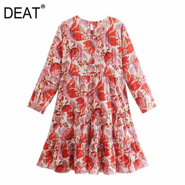 

[deat] summer fashion round neck high waist long sleeve printing loose temperament elegant dress women 13q100 210527, Black;gray
