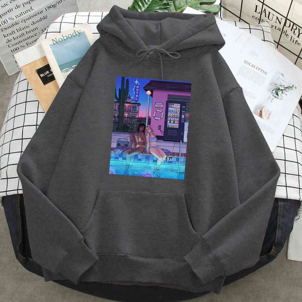 

sunkissed men's hoodie, swimming pool printed street cloth, loose, punk printed, harajuku retro style, autumn, Black