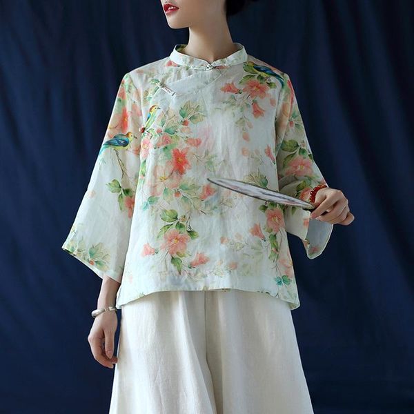 

johnature 2021 new clothes women print linen vintage nine quarter sleeve button stand collar shirt ramie women blouses, White