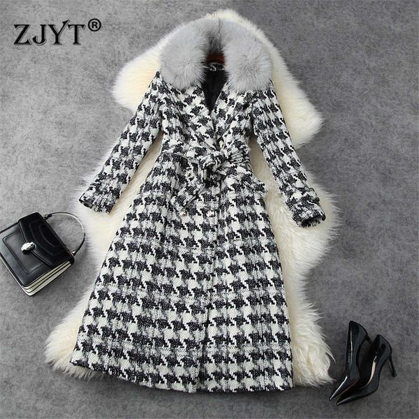 

winter women fur collar thicken warm wool blends long overcoat elegant lady vintage houndstooth woolen jackets coats outerwear 210601, Black