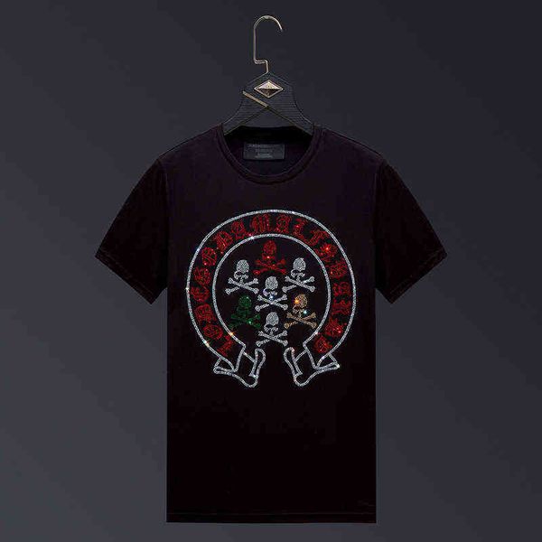 

2021 skulls rhinestones t shirts men brand fashion streetwear o neck short sleeve slim modal cotton mens tshirts plus size 6xl g1217, White;black