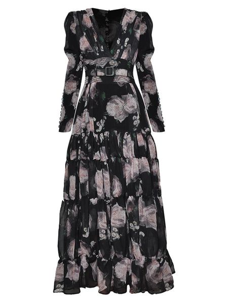 

casual dresses 2021 summer designer fashion runway dress womens puff sleeve vintage printed v-neck pleated belt slim midi big size xxl, Black;gray