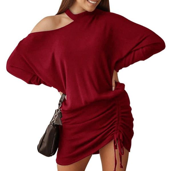 

casual dresses women's off shoulder loose bat sleeve dress club pleated long drawstring vestidos, Black;gray