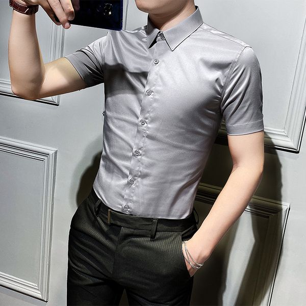 

business of casual summer men thin fit shirts dress up sleeves short solid colors night club party tuxedo men's clothes aeif, White;black