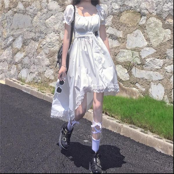 

korean elegant women dress square collar vintage puff sleeve irregular dress high waist a line sweet lace splice japanese dress, Black;gray