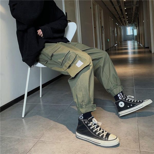 

men's pants summer ins overalls straight leg tie fashion brand versatile wide nine point casual streetwear men, Black