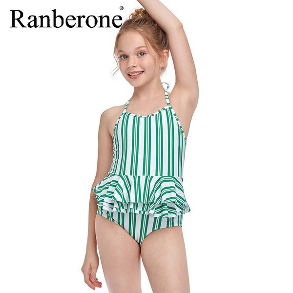 

ranberone 2021 new girls one piece swimsuit ruffle style striped children's swimwear 2-12 years kids beach wear spot wholesale
