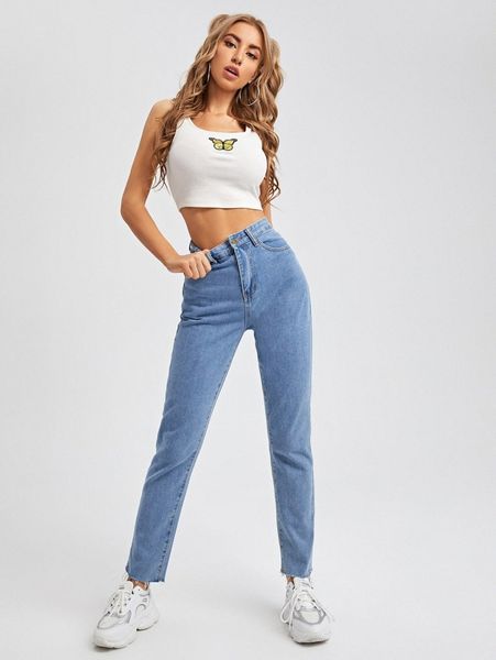 

high waist raw hem jeans q32x#, Blue