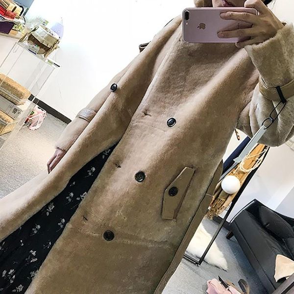 

women's wool & blends autumn and winter turkish fur coat long windbreaker khaki sheep sheared lamb, Black