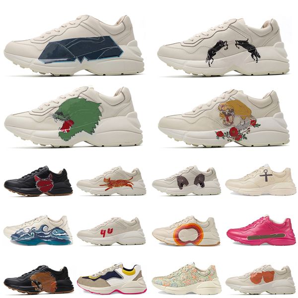 

rhyton vintage leather sneakers mens designer shoes womens casual shoes classic white leather thick sole vintage trainer dad shoes n1vd#159, Black