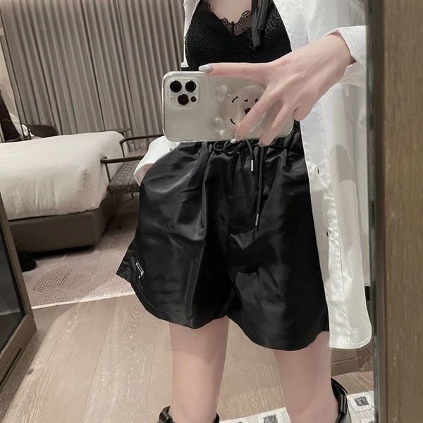 

21 early spring new p family triangle standard wide leg shorts women's loose and thin nylon drawstring high waist casual pants fashion, White;black
