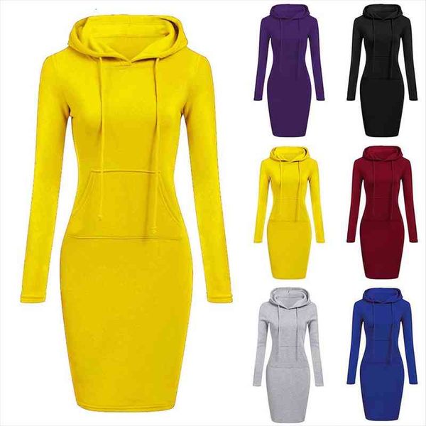 

autumn winter warm sweatshirt long-sleeved dress woman clothing hooded collar pocket simple casual lady dress vesdies sweatshirt, Black